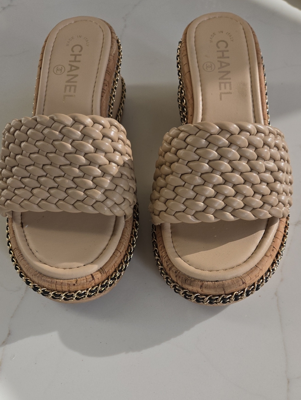 Chanel Women's Beige Braided Slide Sandals
